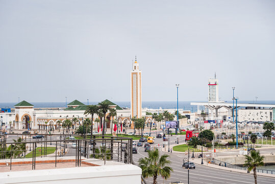 View on port area of Tangier with the prominent Mosque Lalla Aabla, Tangier