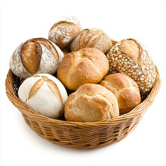 A basket of wheat buns. on a white background. A basket of bread.