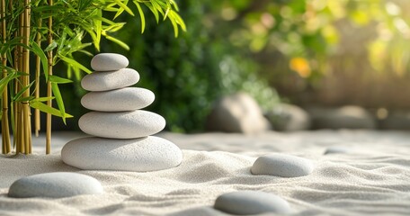 Stacking Stones on Sand with Bamboo Providing a Calm Zen Atmosphere