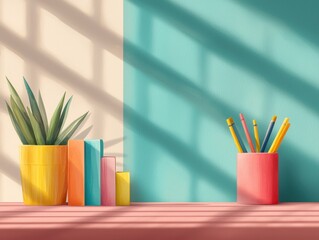 Obraz premium Bright and creative home office desk with a lively plant and colorful pencils to enhance inspiration and productivity