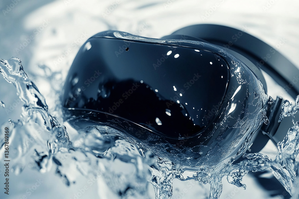 Aufkleber Black VR headset submerged in water, creating dynamic splash effect, showcasing technology's interaction with liquid element, symbolizing innovation and immersive experience