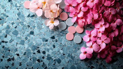 Fototapeta premium beautiful arrangement of pink and light pink flowers alongside circular pastel colored objects textured terrazzo background creates serene and artistic composition. vibrant colors and delicate