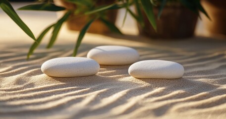 Arrangement of Smooth White Stones on Sand with Plant Backdrop Conveys Tranquility