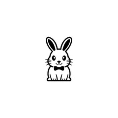 Black and White Cartoon Rabbit Icon with Bow Tie, Minimalist Design