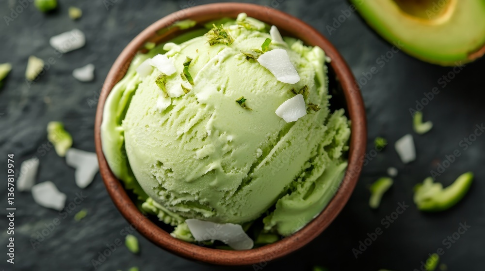 Poster a scoop of creamy avocado ice cream is served in a rustic ceramic bowl, enhanced with shredded cocon