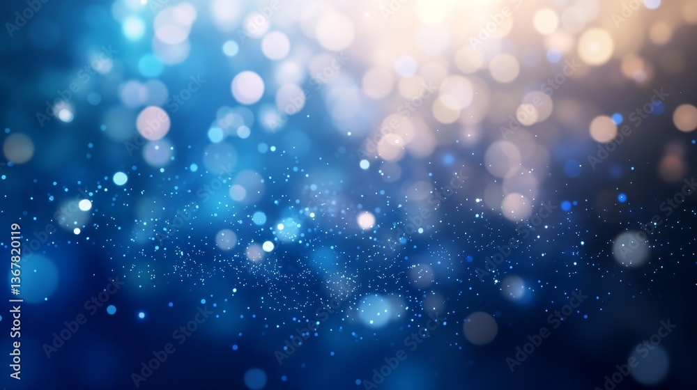 Poster Soft blue glowing particles elegantly drift across a dark background, with bokeh effects enhancing movement and depth in a captivating digital display
