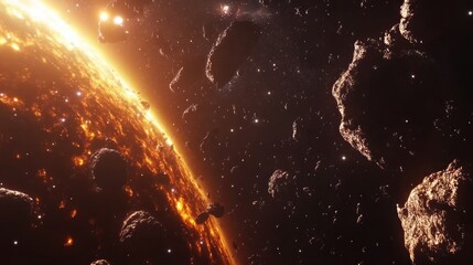 An asteroid field surrounds a radiant planet in deep space.