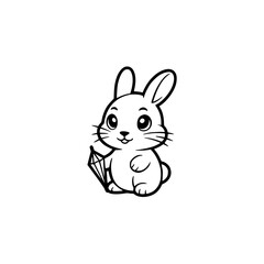 Playful Bunny with Diamond - Monochromatic Vector Illustration