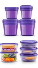 Purple plastic food storage containers with lids, stacked and filled with food.