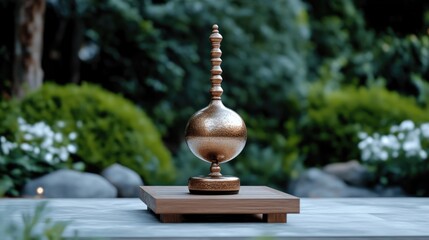 Ornate brass decorative piece on wooden stand in garden setting