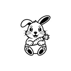 Cute Cartoon Bunny with Carrot in Black & White