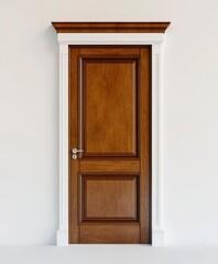 Classic Brown Wooden Door in White Frame Against Plain Wall