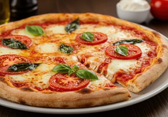 A delicious pizza with tomato and basil on a white plate