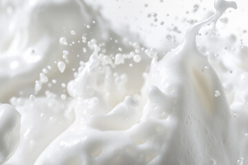 Close-up of white frothy liquid splash, showing texture and movement, representing purity, freshness, and dairy products, ideal for food or drink advertising