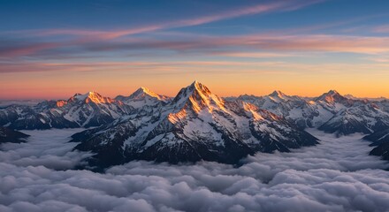 雄大な雪山、夕焼け空に輝く