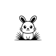Adorable Minimalist Cartoon Bunny in Grass, Black and White