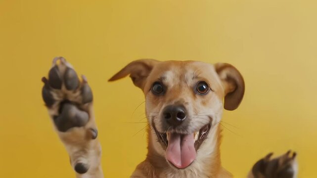 Funny happy dog waving paw on yellow backdrop. Cute light tan puppy giving high five on bright background. Pet greeting motion picture. Animal communication video footage.