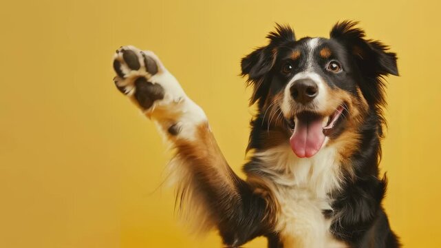 Happy Aussie dog raises paw for a high five, cheerful pup waving on yellow, cute canine pet animal greeting, pet adoption clip, pet care video footage.