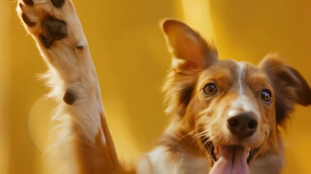 Cute happy dog waving paw on yellow background video footage. Playful dog pet animal, happy expression. Companion raising paw in playful gesture stock clip.