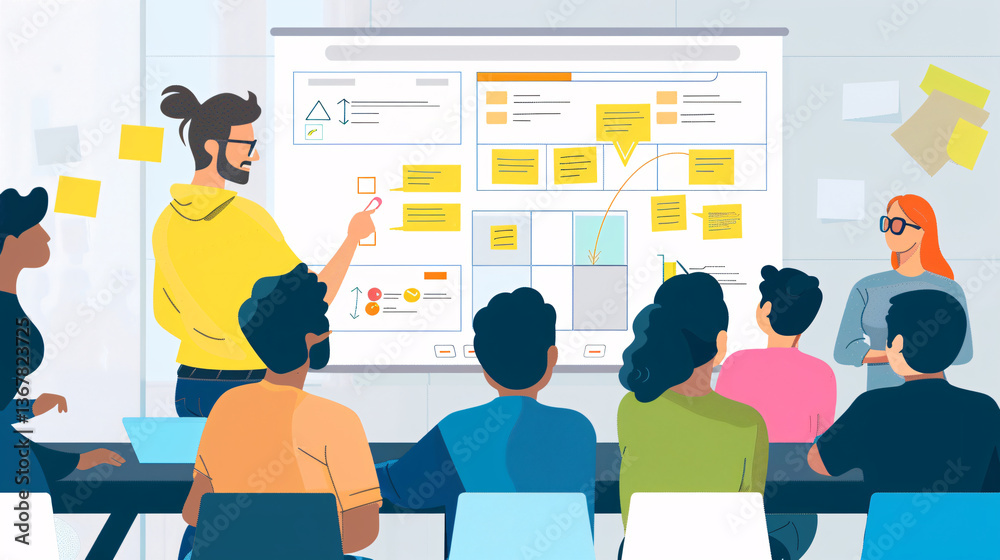 Poster project manager is using agile methodology, presenting a kanban board to his coworkers during a scru