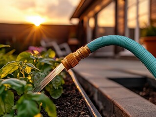 Eco-friendly garden hose in use nurturing vibrant plants under a bright sunlight in a lush green garden setting