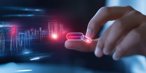 Hand touching digital pill structure- usage of to find new recipes for antibiotics