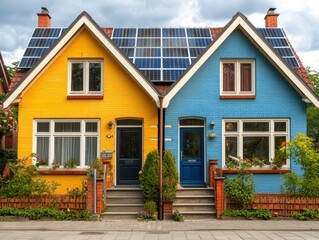 Attractive house featuring solar panels on the roof bathed in a warm sunset glow creating a beautiful atmosphere