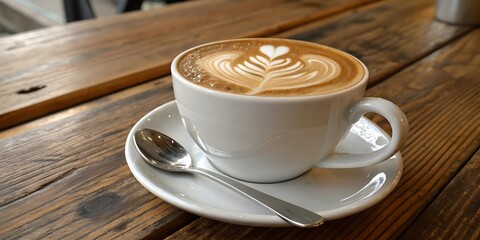 Obraz premium Aromatic Latte Art Coffee on Rustic Wooden Table in Cozy Cafe Setting