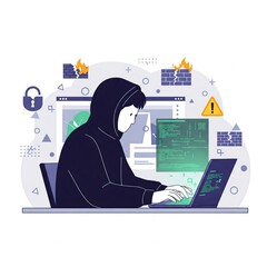 Silhouette of a hacker using a laptop with security warnings, lock icons, and code on the screen. Cybersecurity concept.

