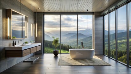 Minimalist Bathroom with Scenic View: Sleek Fixtures & Monochromatic Design