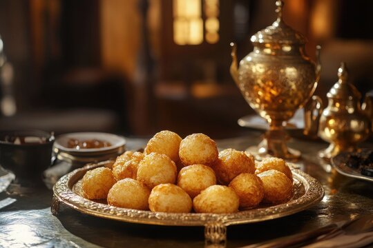 A golden tray of zalabia with syrup soaked fritters