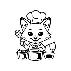 Cartoon Fox Chef Cooking with Kitchenware, Black and White Vector