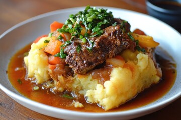 A plate of bubble and squeak with braised beef shin