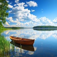 Obraz premium Serene Summer Lake Scene with Wooden Rowboat. A tranquil image of a wooden boat gently resting on a calm lake under a vibrant blue sky.