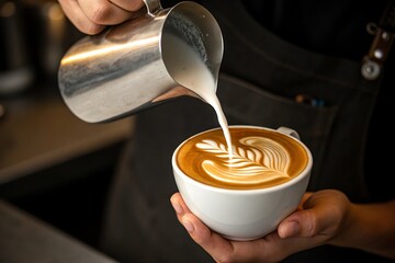 Barista pouring steamed milk into a cup of latte art coffee creating a beautiful coffee design