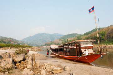 Cruise boat owned by Luang Say Lodge and Cruises, moored on Mekong River in front of the Luang Say Lodge at Pakbeng, Oudomxay Province, Laos