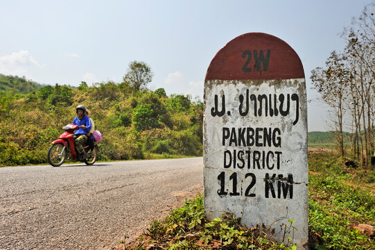 Kilometre-marker on the 2W road leading to Pakbeng, Laos