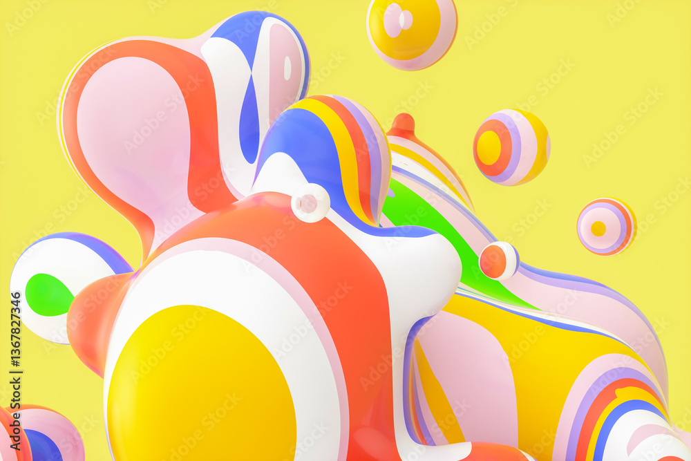 Aufkleber Abstract 3d art background with colorful marble spheres floating. liquid blobs. soap bubbles.