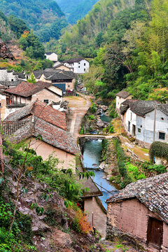 Creek running through the picturesque ancient Shanxiabao village, 800 years old, Wuyi County, Jinhua City, Zhejiang Province