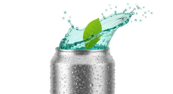 Isolated Green Leaf Splash on Silver Can