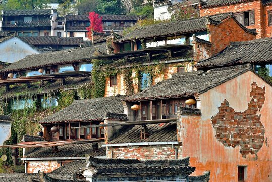 Map of China on building in Huangling, an ancient village dating back to the Ming Dynasty, Wuyuan County, Shangrao City, Jiangxi Province