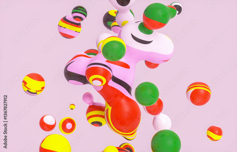 Fototapete abstract 3d art background with colorful marble spheres floating. liquid blobs. soap bubbles.