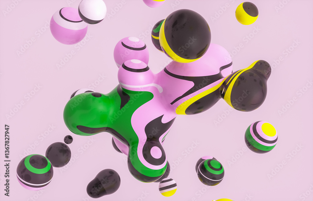 Fototapete Abstract 3d art background with colorful marble spheres floating. liquid blobs. soap bubbles.