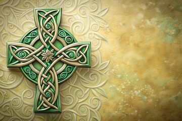 Minimalist Celtic Cross Knotwork: Green Beige Swirled Background Stock Photo