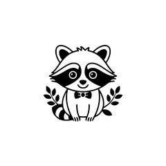 Adorable Cartoon Raccoon with Bow Tie and Foliage, Simple Design