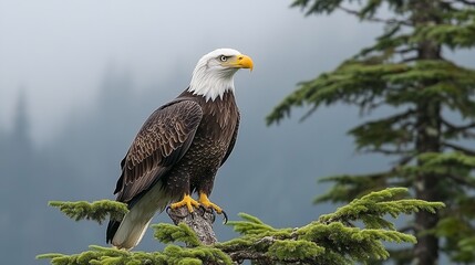 A regal bald eagle perches atop a coniferous tree branch