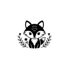 Cute Black and White Fox with Floral Elements - Vector Illustration