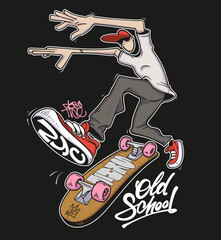 Skater jumping, riding skateboard. Young cool man, trick and stunt on skate board, movement in airwith slogan in graffiti style