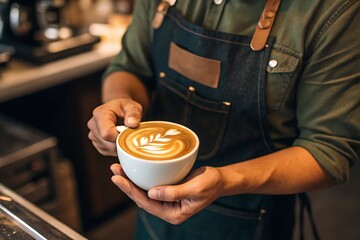 Barista Carefully Presenting a Perfectly Crafted Latte Art Coffee Drink in a Cozy Cafe Setting