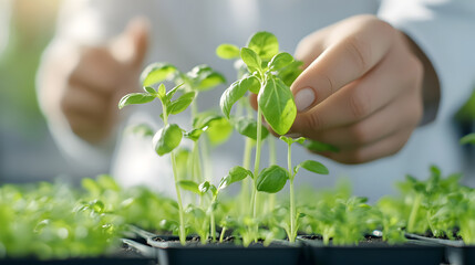 Close-up of hand tending to young basil sprouts in seedling tray ideal for gardening blogs, eco farming tips or plant care tutorials. Selective focus